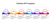 Horizontal timeline template with six arrows, each containing a circular icon and 20XX label,  with text placeholders below.