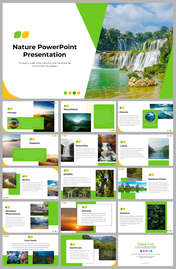 Multiple nature-related slides, including topics like rivers, waterfalls, and rainforests, with vibrant images and text.