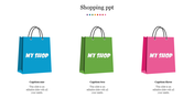 Three shopping bags slide in different colors with My Shop written on them with caption placeholders.