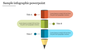 Horizontal infographic design with three layered segments in red, green, and blue, leading to a pencil tip at the bottom.