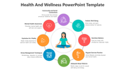 Health and wellness slide featuring a central figure meditating, surrounded by color coded icons with text descriptions.