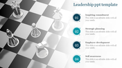 Leadership slide with a chessboard background, highlighting four steps with a placeholder text.