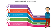 Business growth strategies slide with colorful layered segments and icons with captions accompanied by a cartoon figure.