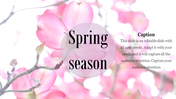 Slide featuring a spring theme with pink flowers and text highlighting the spring season.