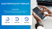 Sales portfolio slide featuring a person checking stock charts on a smartphone, with three circular progress indicators.