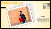 Fashion design slide with an image of a man in stylish clothing, a bold caption, and a modern dotted design on the side.