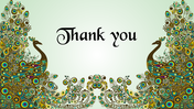 Elegant thank you slide featuring two intricately designed peacocks with vibrant feathers framing the text in the center.