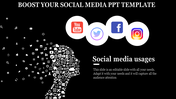 Slide featuring platforms like youtube, twitter, facebook, and instagram with a head silhouette made of social media icons.