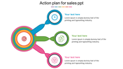 Sales action plan infographic slide with colorful target and three icons with placeholder text sections.