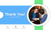 Thank you slide featuring a businessman smiling and shaking hands, with a blue background and contact icons below.