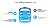 Infographic with stacked blue circular rings at the center and four captions with icons distributed around it.