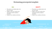 Illustration of a swimmer in water with do and don't tips on either side of the slide in green and red headings.