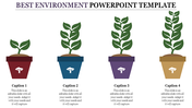 Best environment PowerPoint slide featuring four potted plants in different colored pots, each with a caption.