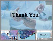 Thank you slides featuring a handshake in the background with bold text with messages and with various background designs.