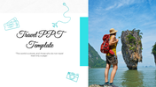 Set of slides with a hiker photo, destination images, travel icons and guide details on white color scheme.