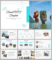 Set of slides with a hiker photo, destination images, travel icons and guide details on white color scheme.