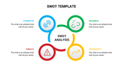 Circular SWOT analysis infographic with four colored segments, each segment displaying an icon and text area.