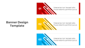 Colorful banner design slide with three rectangular banners in red, yellow, and blue featuring placeholder text.