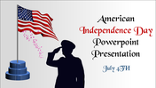 Silhouette of a soldier saluting with an American flag waving, with title and date in stylized fonts, celebrating on July 4.