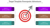 Target diagram with a red bullseye and gray arrow, and six colored caption boxes in purple, brown, and teal on both sides.