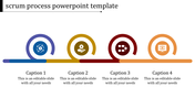 Four spiral shapes in blue, yellow, red, and orange with icons and captions below, representing steps in the Scrum process.