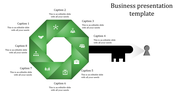 Green octagon with eight segments, each containing a white icon, connecting to a black key shape aiming at a keyhole.