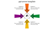 Four colored arrows pointing towards a central circle, each labeled with a caption and numbers 01 to 04.