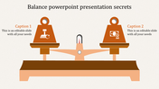 PowerPoint slide with a balance scale graphic and two caption sections for contrasting ideas with icons.