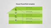 House layout slide with five sections, each containing icons and placeholder text areas for user input.