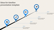 Diagonal timeline with five blue location markers representing years 2016-2019, each with an icon and connected text.