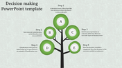 Decision-making template slide featuring a tree diagram with five labeled nodes from A to E representing steps. 