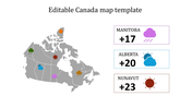 Canada map template with province-specific weather data, showing temperature and weather icons for three regions.