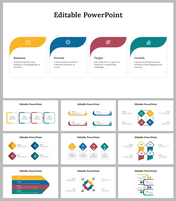 Slides featuring colorful icons and descriptions for business concepts with various colorful design layouts and icons.