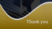 Thank you slide with gold and white curved design over a dark cityscape background.