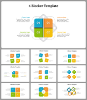 A set of slides featuring a four-block diagram, with each block color-coded, arranged in various geometric patterns.