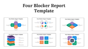 Collection of slides with four blocker report templates, using colorful hexagons, stacked blocks, and circular layouts.