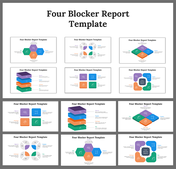 Collection of slides with four blocker report templates, using colorful hexagons, stacked blocks, and circular layouts.