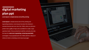 Digital marketing slide featuring a blurred image of a hand using a laptop, and a red left panel with text.