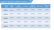 Logistics blue-themed table template with rows for different products and columns for key delivery phases with text area.