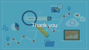 Thank you slide with business analytics icons, including graphs, charts, and a search bar, set against a blue background.