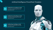 Artificial intelligence slide with three numbered boxes on left and a robot image, set against a dark teal background.