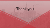 Red-themed thank you slide with a faded factory image in the background and bold black text in the center.