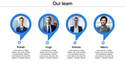 Four team members profiles with circular images, each in blue markers, with name and placeholder text below.