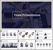 Business team members slide deck featuring a group of hands coming together in a fist bump, with laptops and office items.