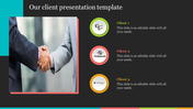 Slide featuring a handshake image and three colored client profiles with logos and text area.