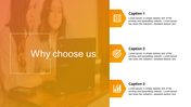 Why choose us slide with a blurred background of two women using a laptop with three orange hexagonal icons and captions.