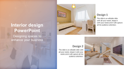 Interior design cover with two room images on the right a bright bedroom and a minimalist living room with stairs.