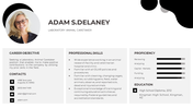 Resume-style slide with a circular profile photo with all details organized in three columns, in a gray-themed design.