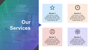 Four services are presented in boxes with icons, centered around text over a professional background.