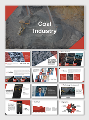 Coal industry slides highlighting services, technology development, and team expertise with images and text descriptions.